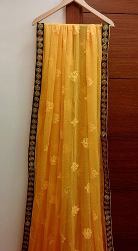 Yellow Embroidered Chiffon Saree with Green Sequin work Border