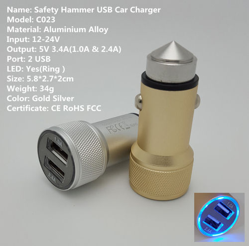 USB Car Charger With Safety Hammer