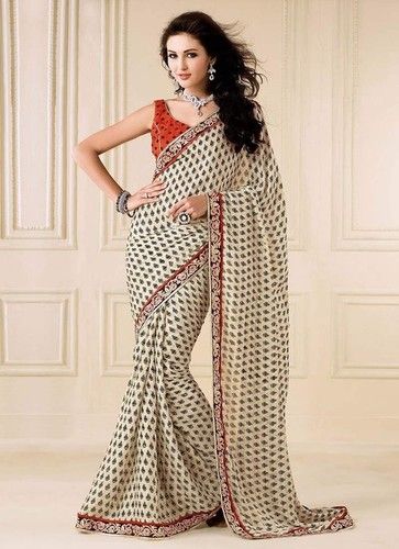 Beige Printed Art Silk Saree