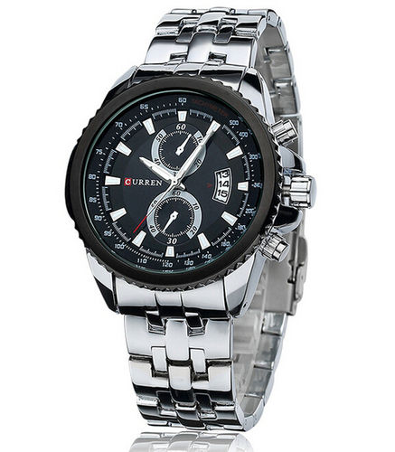 Fashion Men CURREN Stainless Steel Quartz Wrist Watch Black with Silver Strap