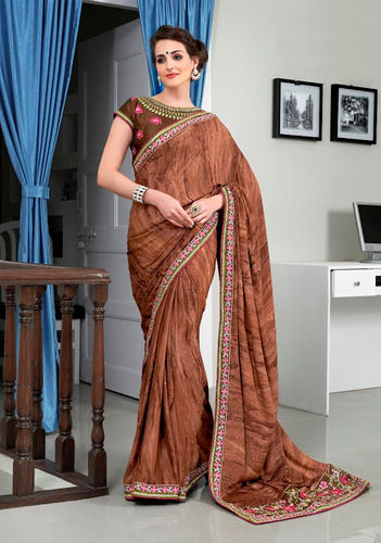 Cutty Brown Crape Jacquard Viscore Saree With Blouse