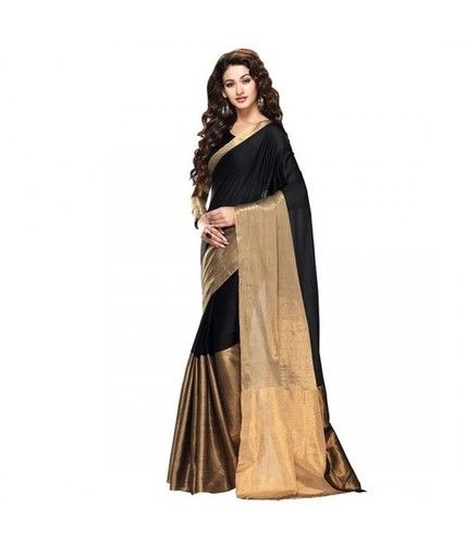 Black And Golden Colour Cotton Printed Sarees