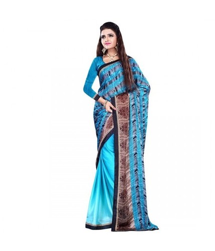 Blue And SkyBlue Colour Printed Silk Creap Sarees