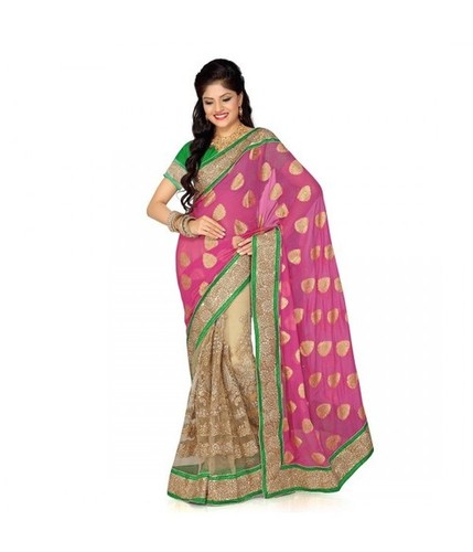 Pink And Beige Viscose Butti And Net Embroidered Saree