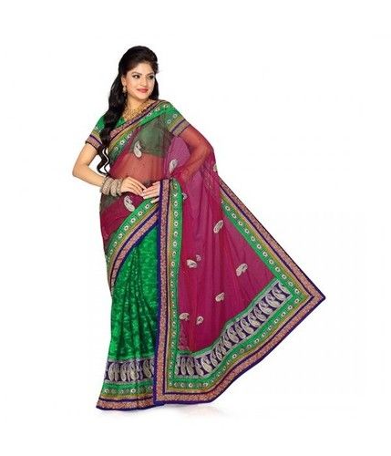 Green And Fushia Net Jacquard And Net Embroidered Saree