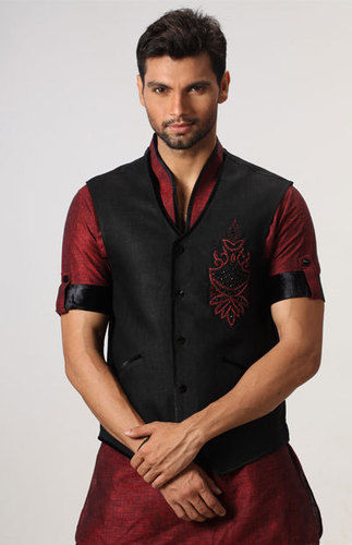 Black With Maroon Linen Short Rajneeti Jacket Set