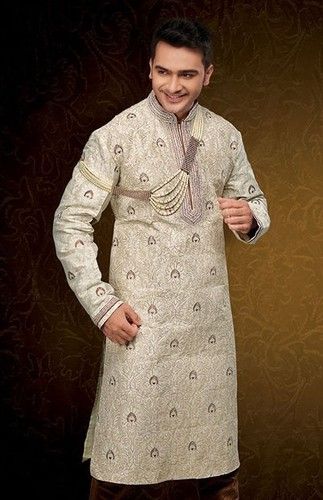 Cream Semi Brocade Cord Jaal Kurta