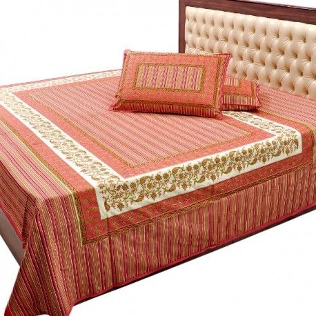 Cotton Gold Print Double Bed Sheet Pillow Set