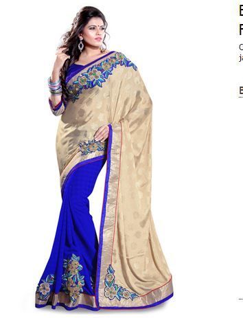 Beige and Blue Art Silk Jacquard and Faux Chiffon Saree With Blouse