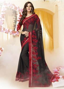 Black Chiffon Saree with Embroidered Patch Lace Zari Work