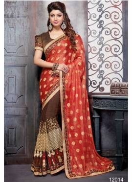 Especial Brown and Red Georgette Party Wear Designer Saree