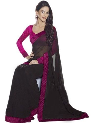 Faux Chiffon Black And Pink Border Colour Saree