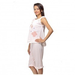 Floral Patch Design Girly Night Suit - Cotton Blend, S-XL, White, Sleeveless Top, Capri Bottom | Comfortable, Soft Fabric, Machine Washable