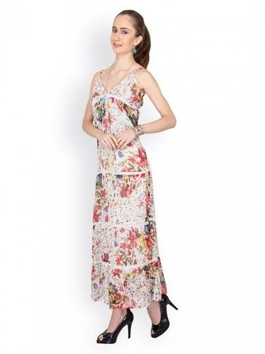 White Printed Sleeveless Women'S Dress