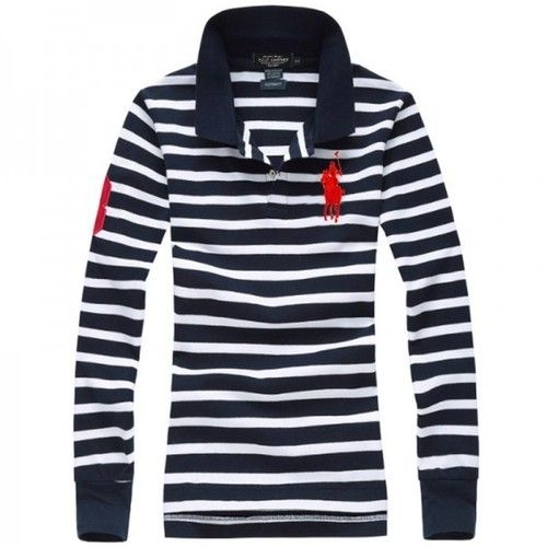 Womens Casual Stripe Cotton Long Sleeve Polo T-Shirts