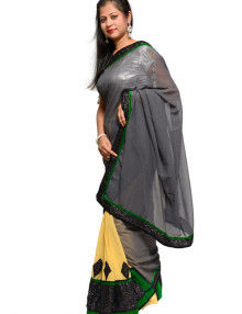 Muga and Grey Chiffon Saree