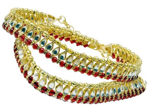 Red Golden Designer Kundan Brass Payal Anklet