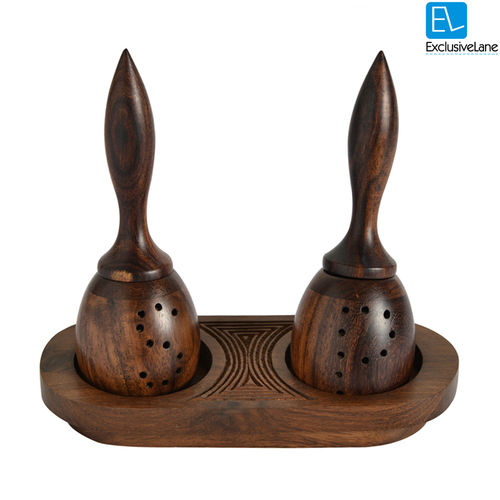 ExclusiveLane Unique Slanting Salt and Pepper Shaker With Wooden Engraved Tray In Sheesham Wood