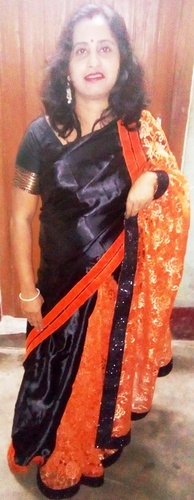 ऑरेंज और ब्लैक कंट्रास्ट विमल सिल्क और नेट साड़ी