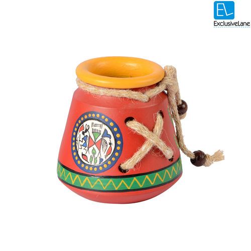 Exclusivelane Terracotta Warli Handpainted Pen Stand Knitted Red