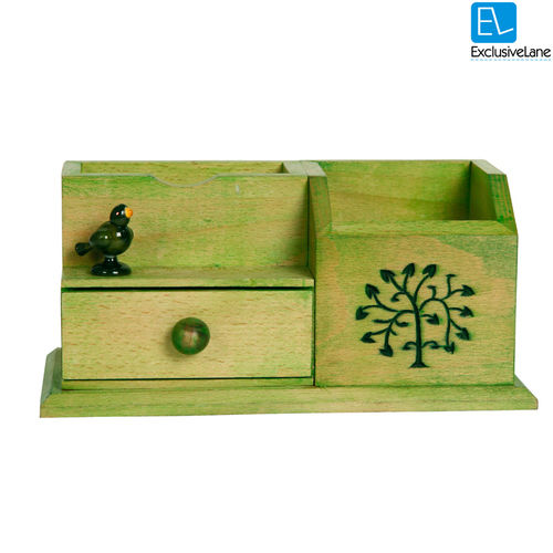 ExclusiveLane Wooden Multipurpose Table Organiser With Tree Carving and Parrot