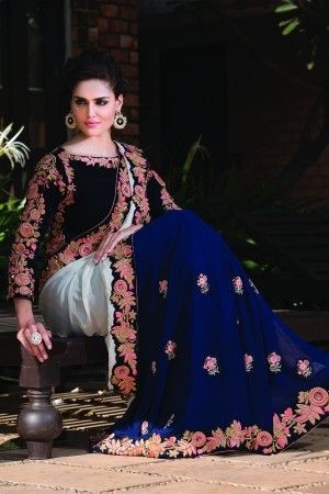 Navy Blue Georgette Thread Worked Saree Installation Type: Cabinet Type