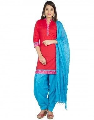 Red and Light Blue Kurti Patiala Suit