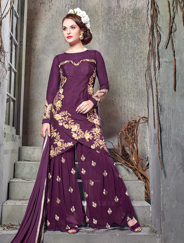 Purple Bhagalpuri Silk With Embroidery Straight Suit