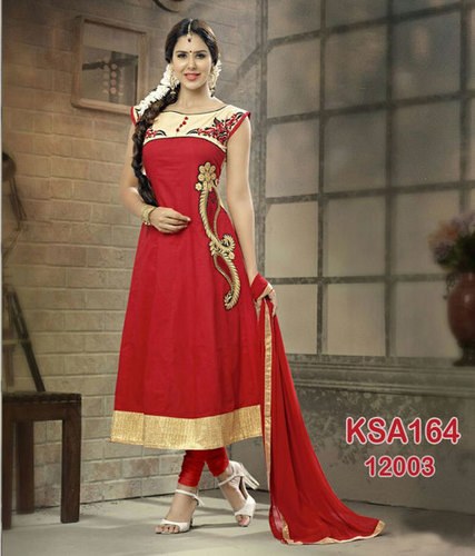 सिल्वर नवीनतम लाल शुद्ध कपास कशीदाकारी अनारकली सूट (Ksa164-12003)