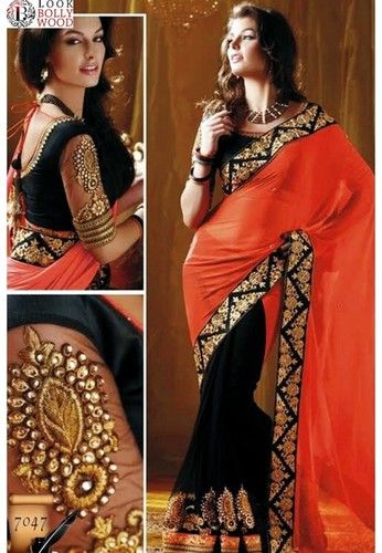 Ethnic Black and Orange Designer Saree