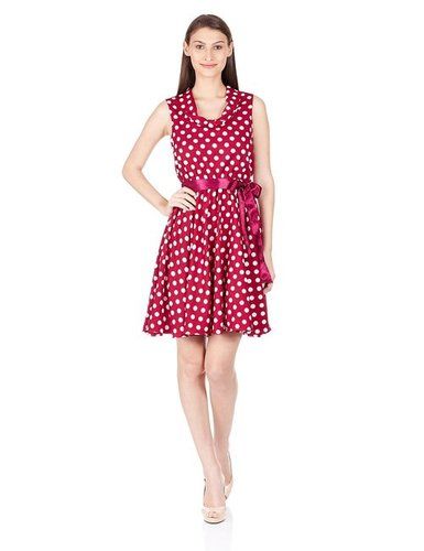 Womens Maroon Doted Cocktail Dress