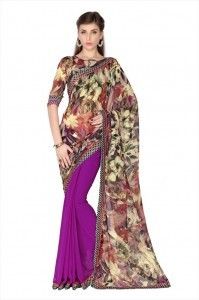 Multi Color Violet Faux Georgette Digital Print Saree