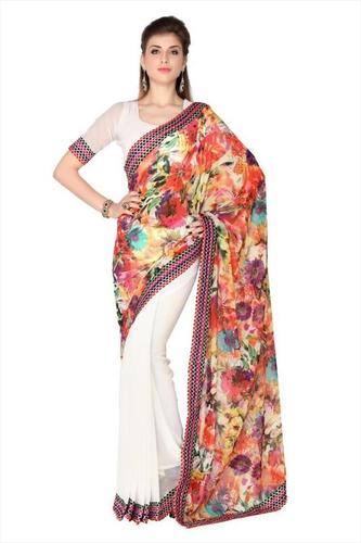 Multi Color White Faux Georgette Digital Print Saree