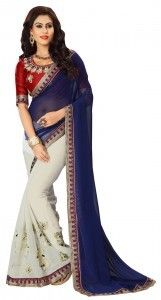 Off White Navy Blue Colored Georgette Saree