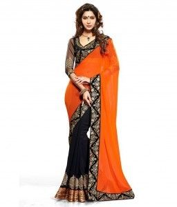 Riavia Orange And Black Chiffon Party Wear Saree