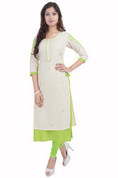 Parrot Green Long Khadi Embroidery Kurti