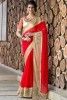 Coral Red Faux Georgetteparty And Festival Saree