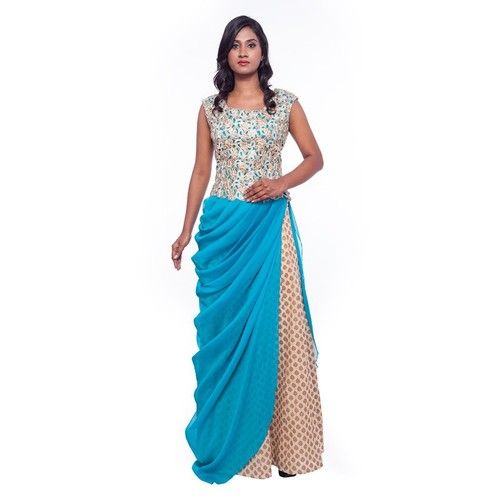 Real Leather Blue And Golden Saree Gown With Lehenga