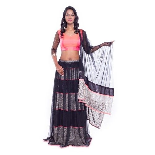 Pink And Black Lace Lehenga Set