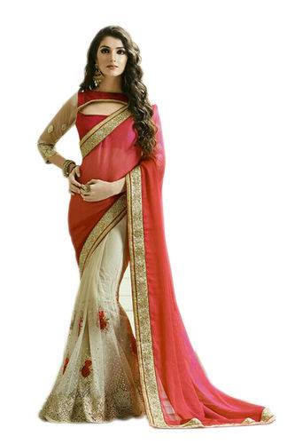 Designer Half-Half Chiffon Saree In Net And With Sari Blouse