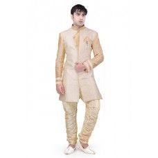 Sherwani - Silk Fabric in Cream Gold Color with Elegant Pattern | Sizes 32 to 42, Dry Clean Only