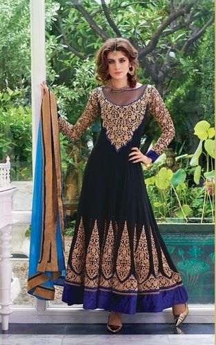 Ladies Designer Anarkali Dress - Super Fine Georgette, Semi Stitch, Black Color | Heavy Embroidery for Wedding Wear