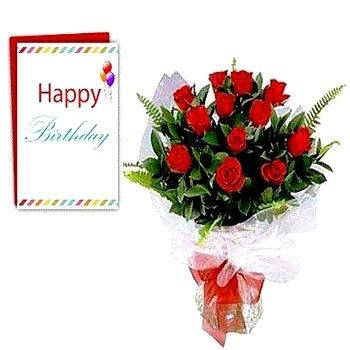 Flowers Bouquet Of 10 Red Roses With Card