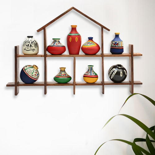 9 Terracotta Warli Handpainted Pots With Sheesham Wooden Hut Frame Wall Hanging