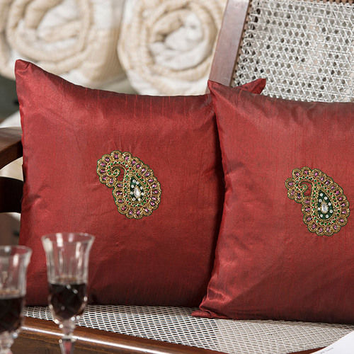 Paisley Stone Work Silk Cushion Cover - Set Of 2