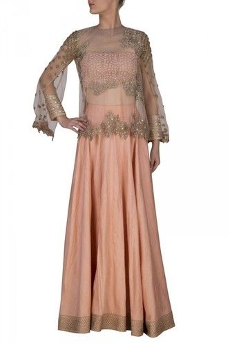 Peach Lehenga With Embroidered Cape