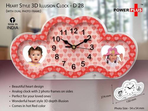 Power Plus Heart Style 3D Illusion Clock With Dual Photo Frames