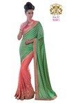 Green and Orange Color Jacquard and Georgette Mixed Material Saree