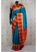 Automatic Deep Sky Blue Pure Silk Cotton Debonair Saree With Yellow Border