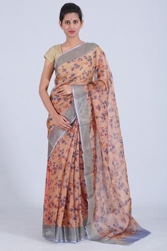 Light Peach Color Silk Kota Saree With Grey Net Border